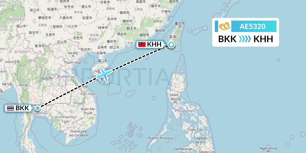AE5320 Mandarin Airlines Flight Map: Bangkok to Kaohsiung