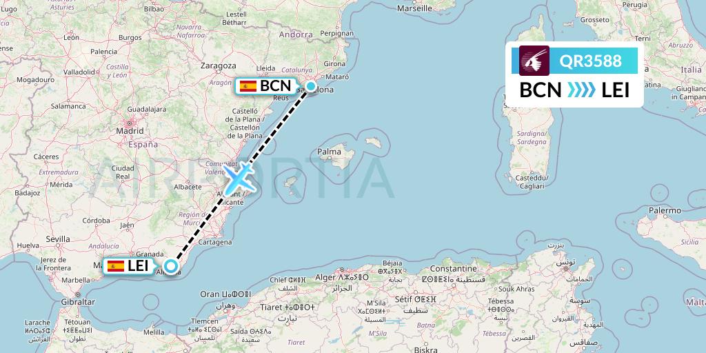 QR3588 Qatar Airways Flight Map: Barcelona to Almeria