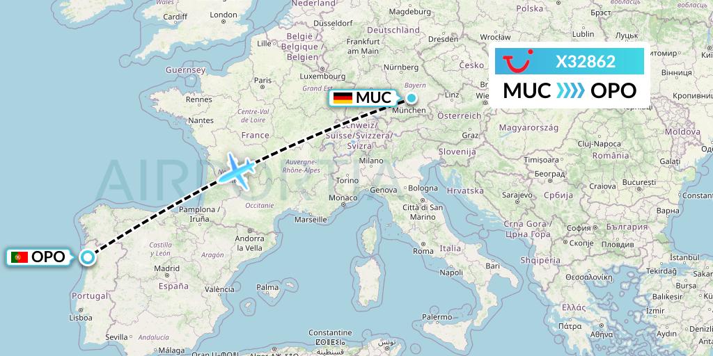X32862 TUI fly Germany Flight Map: Munich to Porto