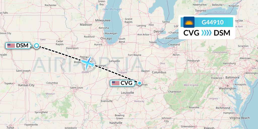 G44910 Allegiant Air Flight Map: Cincinnati to Des Moines