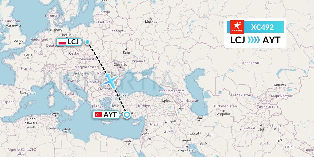 XC492 Corendon Airlines Flight Map: Lodz to Antalya