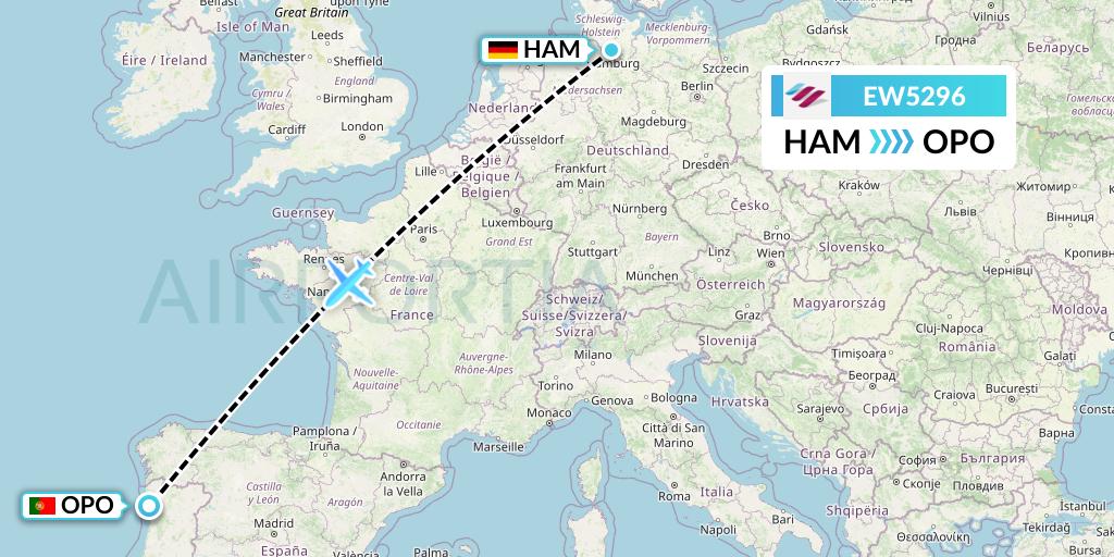 EW5296 Eurowings Flight Map: Hamburg to Porto