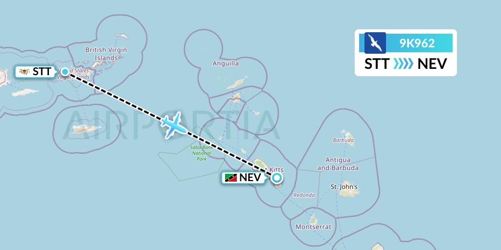 9K962 Cape Air Flight Map: St. Thomas to Nevis