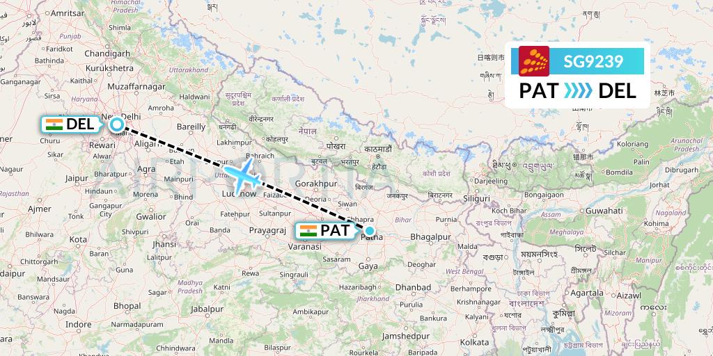 SG9239 SpiceJet Flight Map: Patna to Delhi