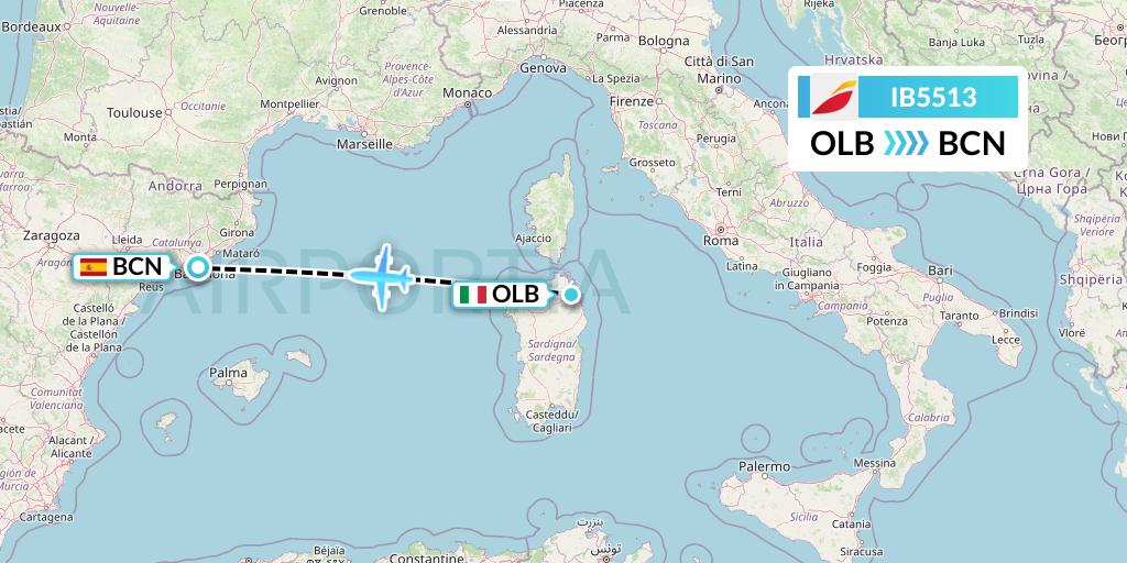 IB5513 Iberia Flight Map: Olbia to Barcelona