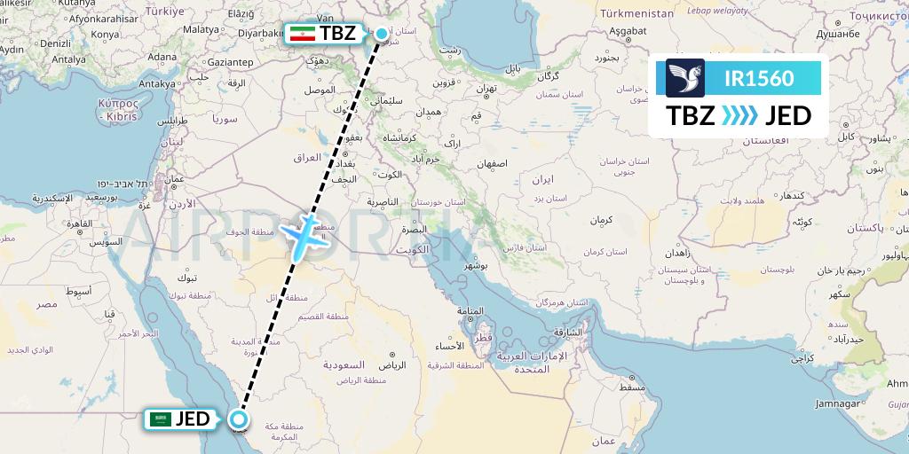 IR1560 Iran Air Flight Map: Tabriz to Jeddah