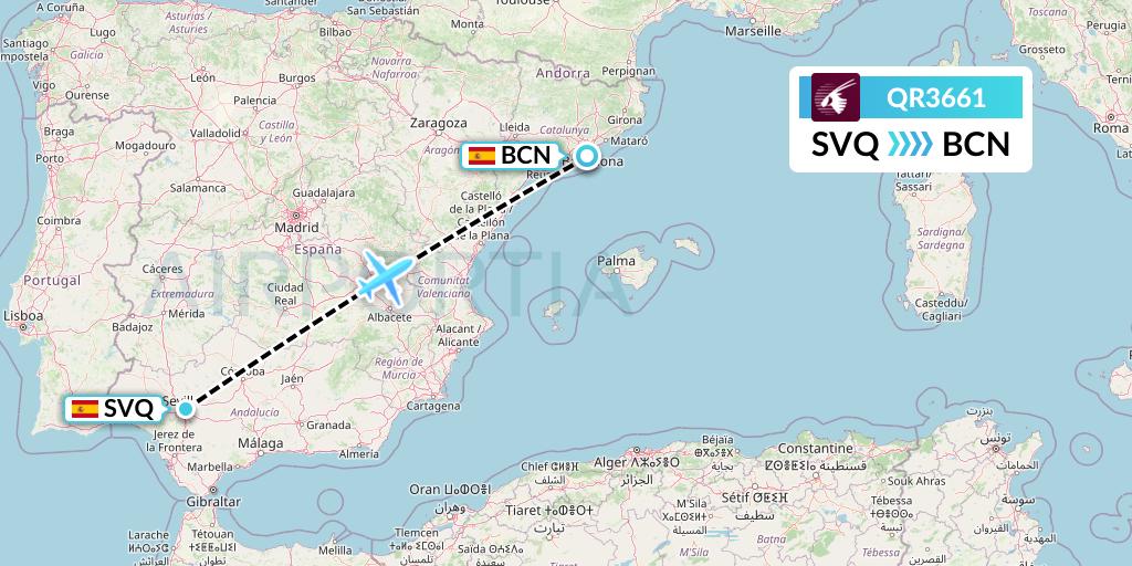 QR3661 Qatar Airways Flight Map: Seville to Barcelona