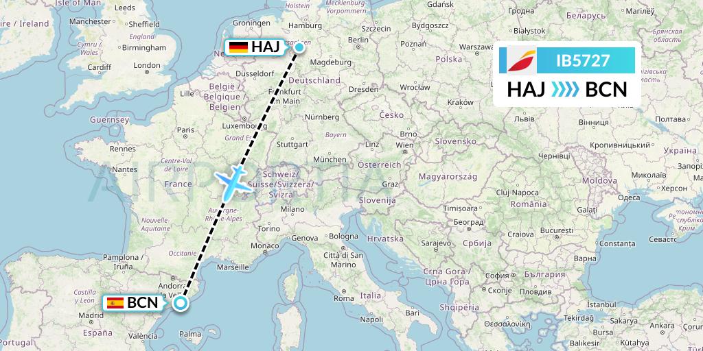 IB5727 Iberia Flight Map: Hannover to Barcelona