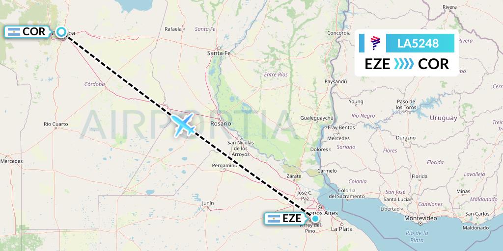 LA5248 LAN Airlines Flight Map: Buenos Aires to Cordoba