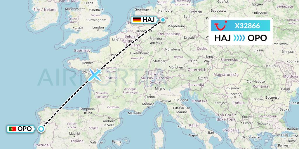 X32866 TUI fly Germany Flight Map: Hannover to Porto