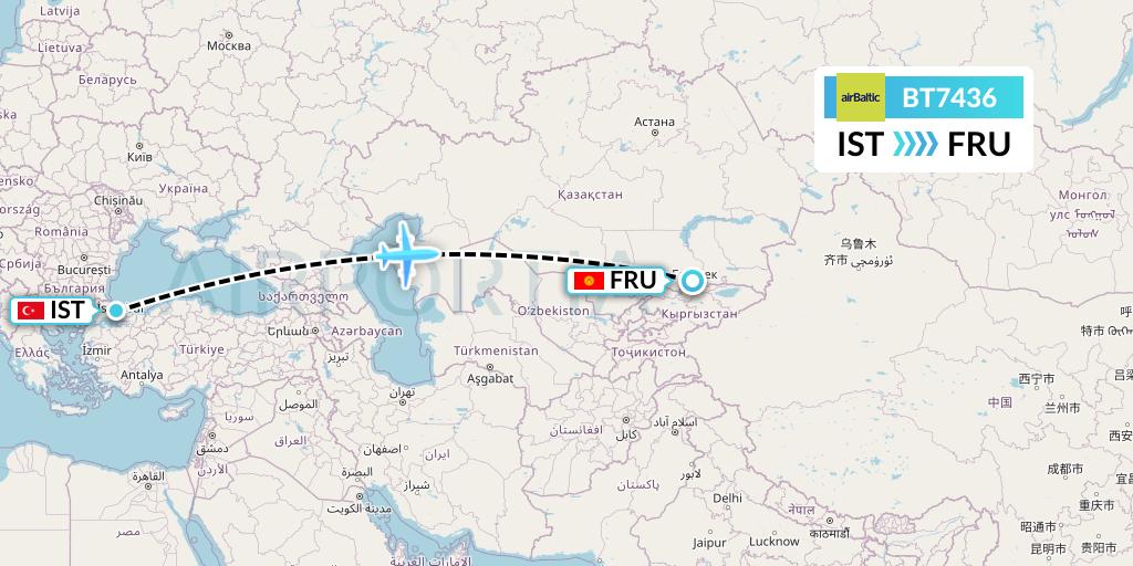 BT7436 Air Baltic Flight Map: Istanbul to Bishkek