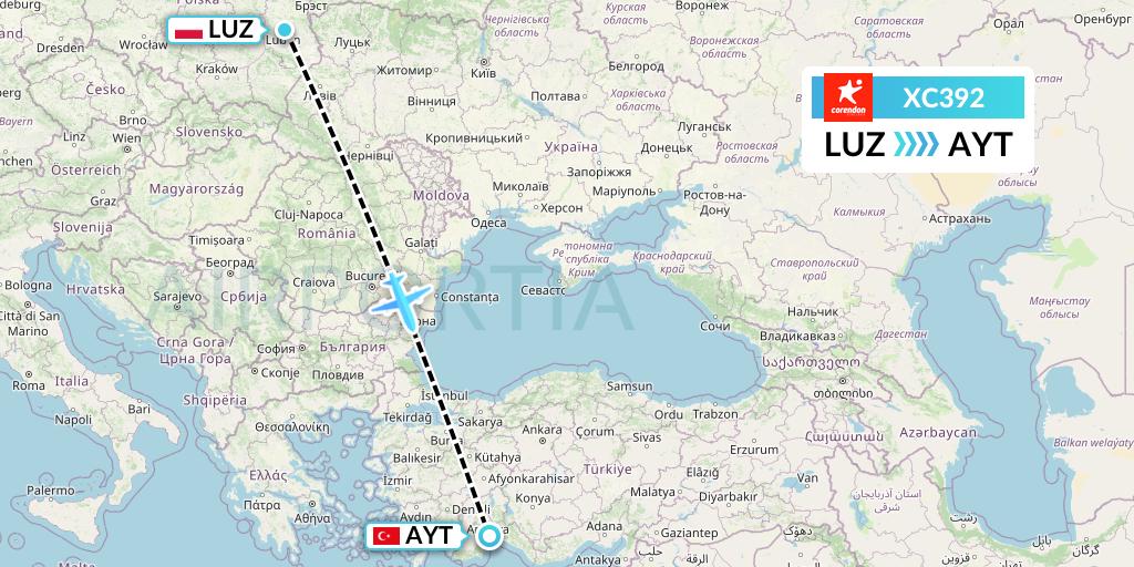 XC392 Corendon Airlines Flight Map: Lublin to Antalya