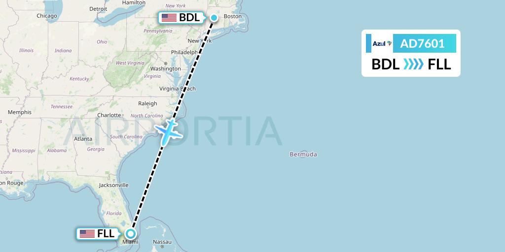 AD7601 Azul Brazilian Airlines Flight Map: Windsor Locks to Fort Lauderdale