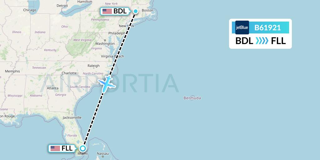 B61921 JetBlue Airways Flight Map: Windsor Locks to Fort Lauderdale