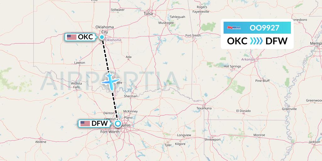 OO9927 SkyWest Airlines Flight Map: Oklahoma City to Dallas