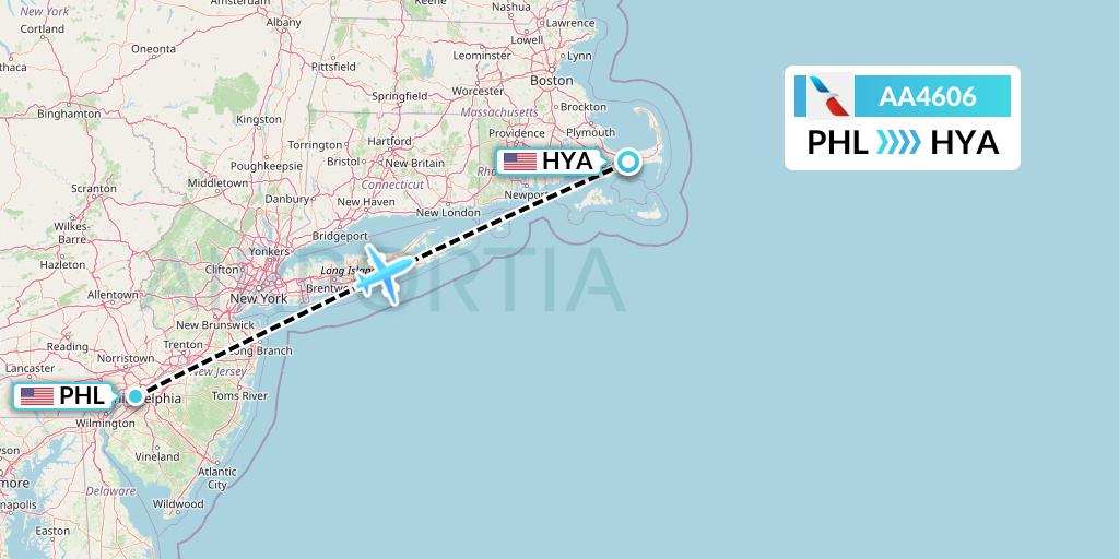 AA4606 American Airlines Flight Map: Philadelphia to Hyannis