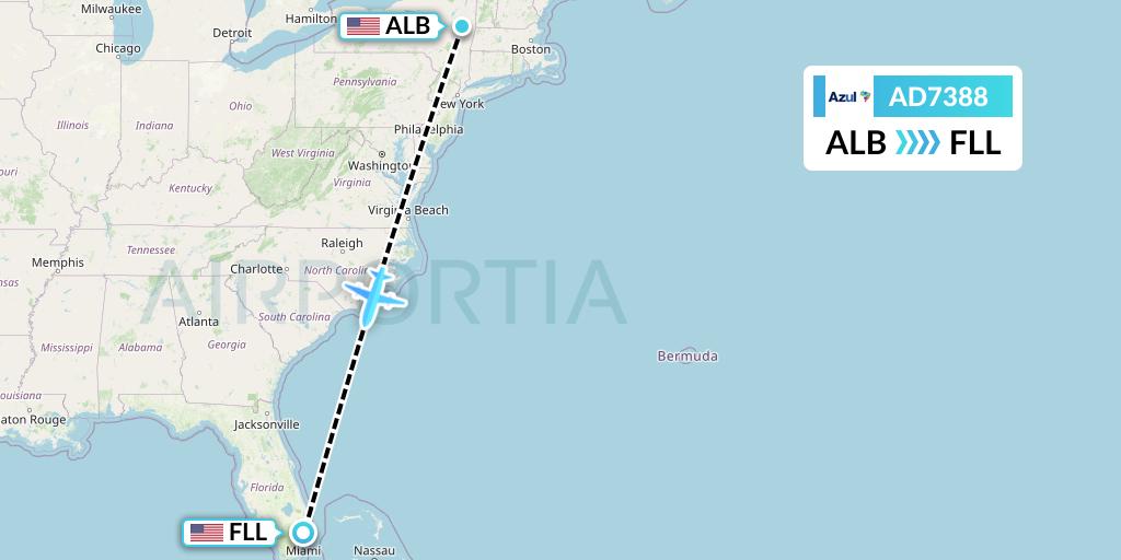 AD7388 Azul Brazilian Airlines Flight Map: Albany to Fort Lauderdale