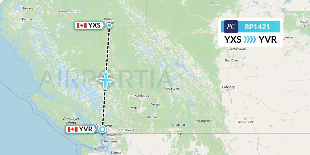 8P1421 Pacific Coastal Airlines Flight Map: Prince George to Vancouver