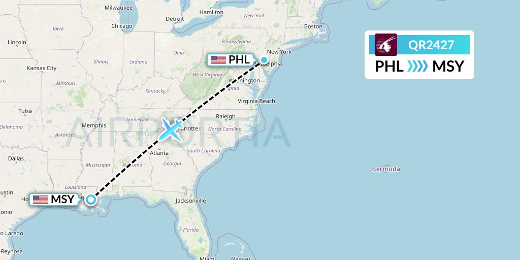QR2427 Qatar Airways Flight Map: Philadelphia to New Orleans