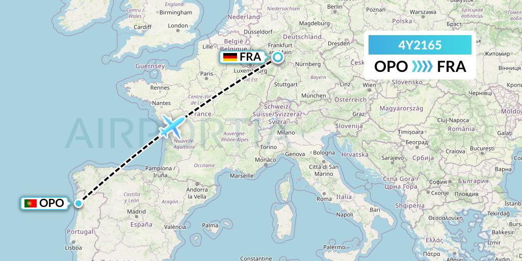 4Y2165 Eurowings Discover Flight Map: Porto to Frankfurt