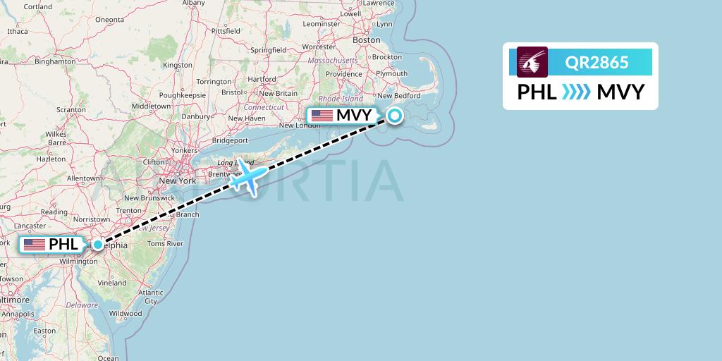 QR2865 Qatar Airways Flight Map: Philadelphia to Martha's Vineyard