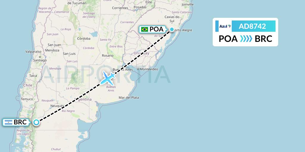 AD8742 Azul Brazilian Airlines Flight Map: Porto Alegre to San Carlos de Bariloche