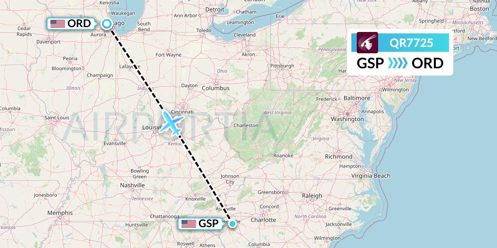QR7725 Qatar Airways Flight Map: Greenville-Spartanburg to Chicago