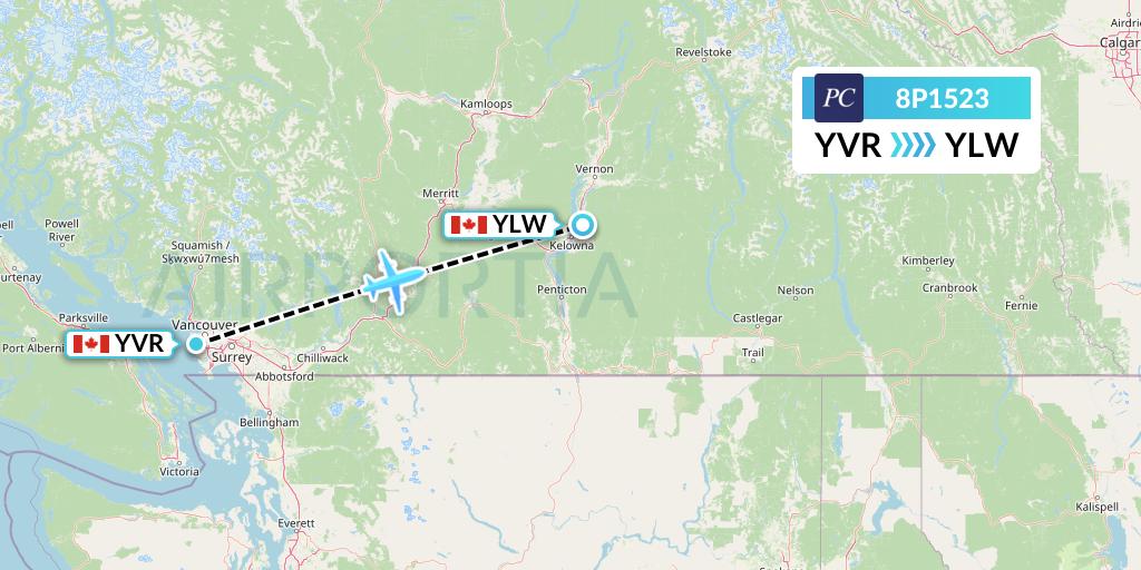 8P1523 Pacific Coastal Airlines Flight Map: Vancouver to Kelowna