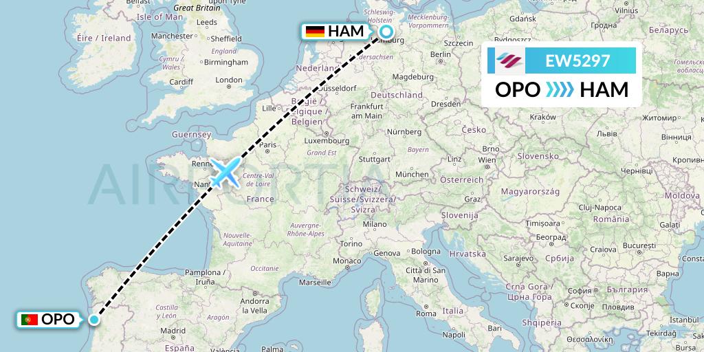 EW5297 Eurowings Flight Map: Porto to Hamburg