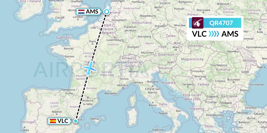 QR4707 Qatar Airways Flight Map: Valencia to Amsterdam