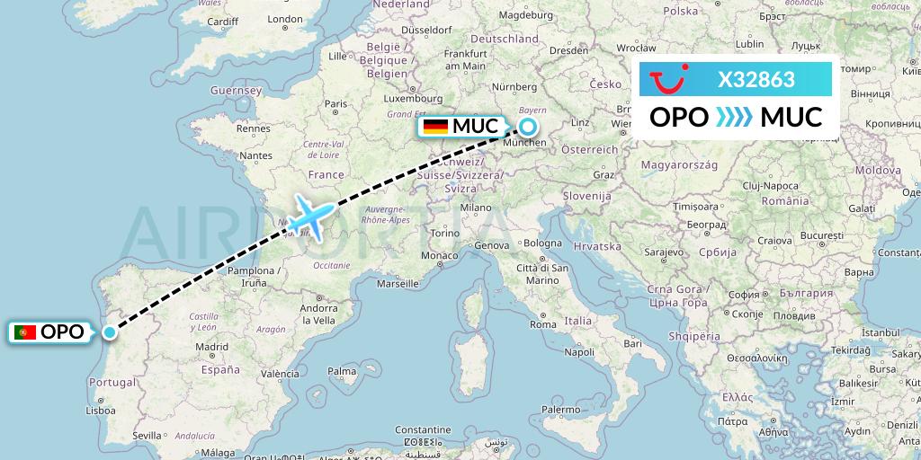 X32863 TUI fly Germany Flight Map: Porto to Munich