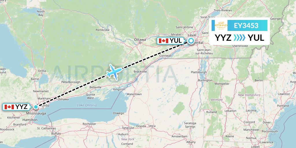 EY3453 Etihad Airways Flight Map: Toronto to Montreal