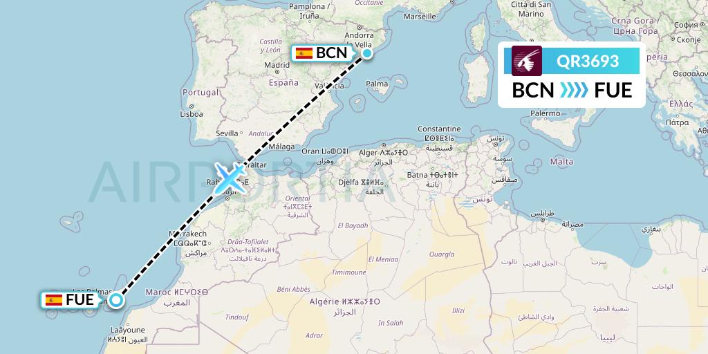 QR3693 Qatar Airways Flight Map: Barcelona to Fuerteventura