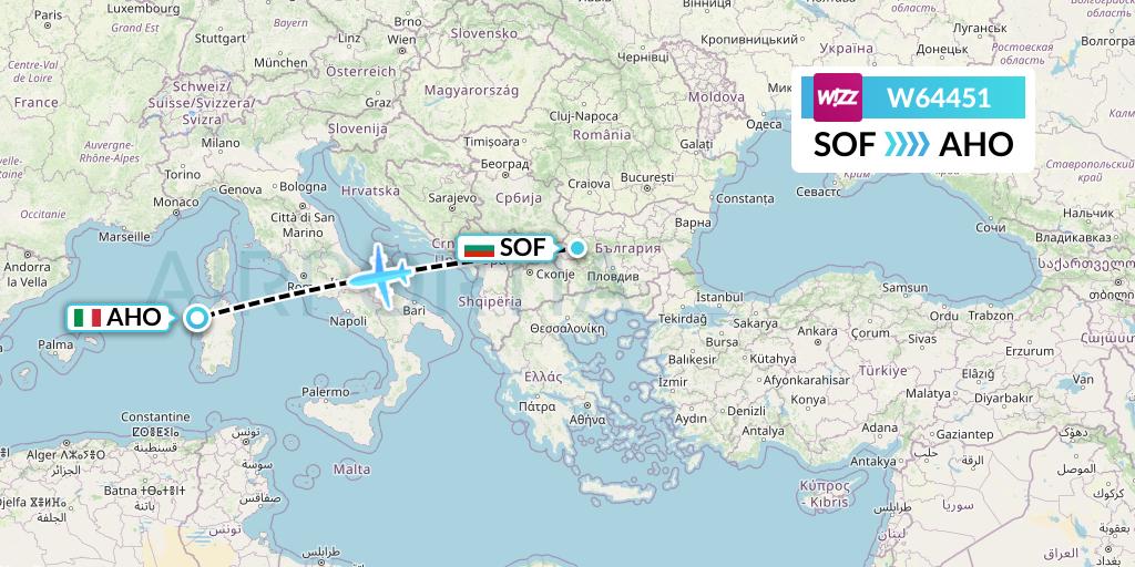 W64451 Wizz Air Flight Map: Sofia to Alghero