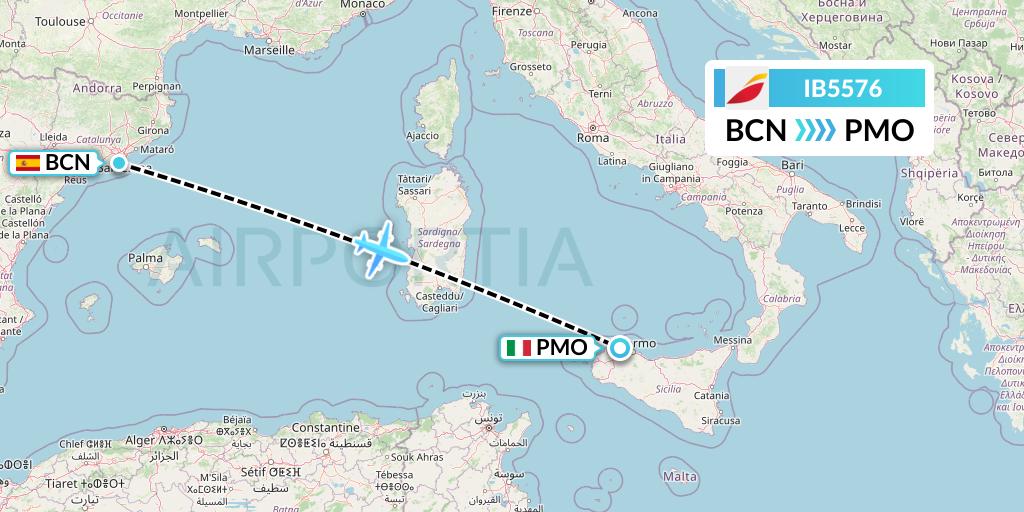 IB5576 Iberia Flight Map: Barcelona to Palermo