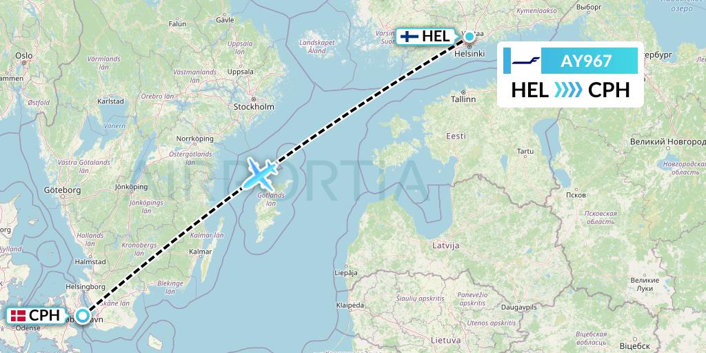 AY967 Finnair Flight Map: Helsinki to Copenhagen