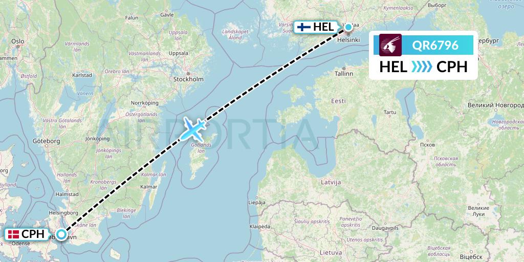 QR6796 Qatar Airways Flight Map: Helsinki to Copenhagen