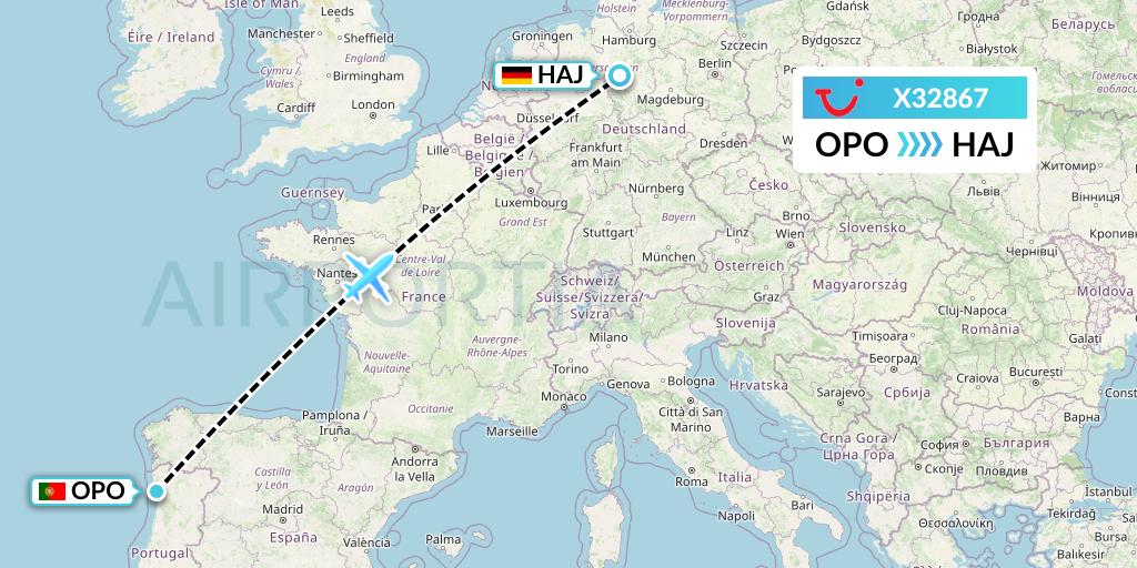 X32867 TUI fly Germany Flight Map: Porto to Hannover