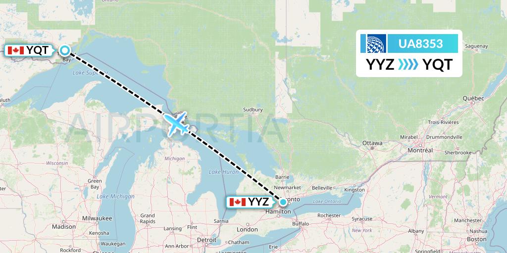 UA8353 United Airlines Flight Map: Toronto to Thunder Bay