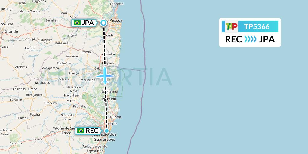 TP5366 TAP Portugal Flight Map: Recife to Joao Pessoa