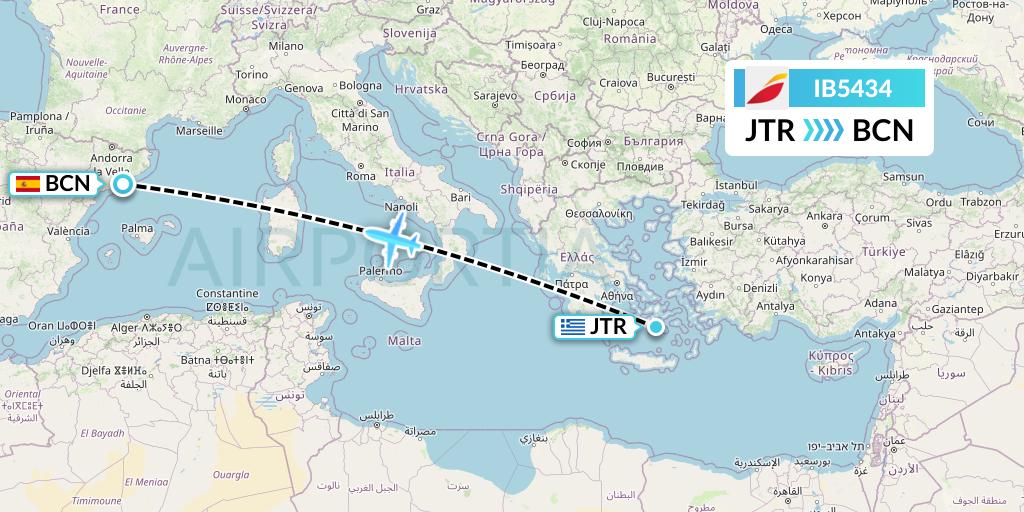 IB5434 Iberia Flight Map: Santorini to Barcelona