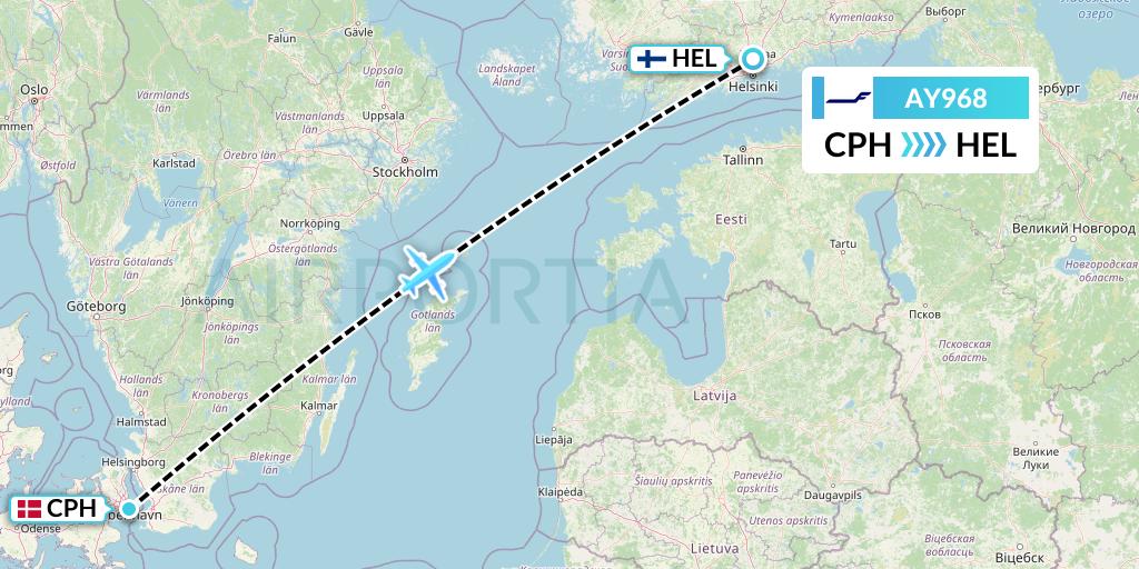 AY968 Finnair Flight Map: Copenhagen to Helsinki