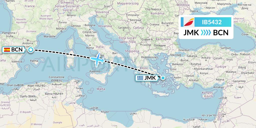 IB5432 Iberia Flight Map: Mykonos to Barcelona