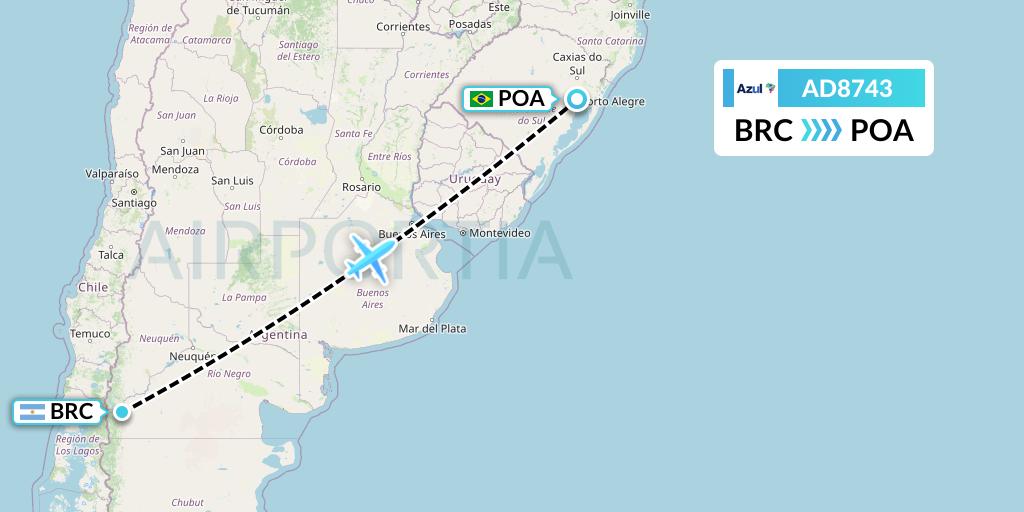AD8743 Azul Brazilian Airlines Flight Map: San Carlos de Bariloche to Porto Alegre