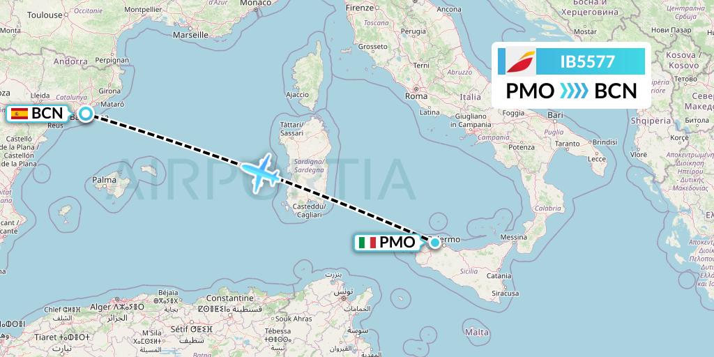 IB5577 Iberia Flight Map: Palermo to Barcelona