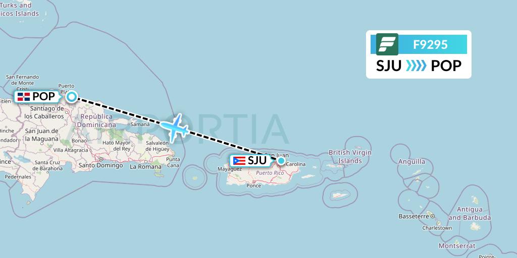 F9295 Frontier Airlines Flight Map: San Juan to Puerto Plata