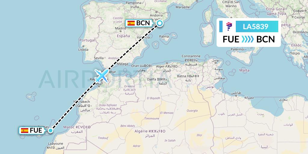 LA5839 LAN Airlines Flight Map: Fuerteventura to Barcelona