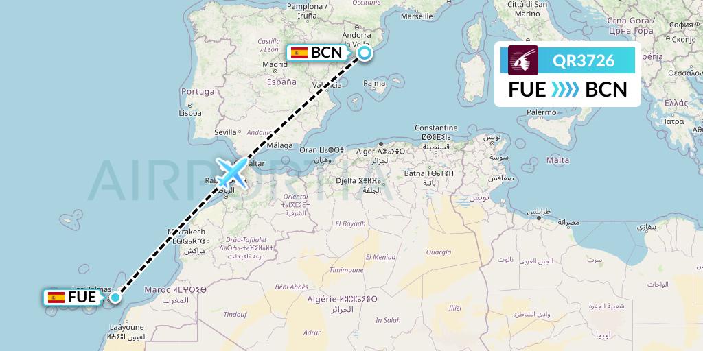 QR3726 Qatar Airways Flight Map: Fuerteventura to Barcelona