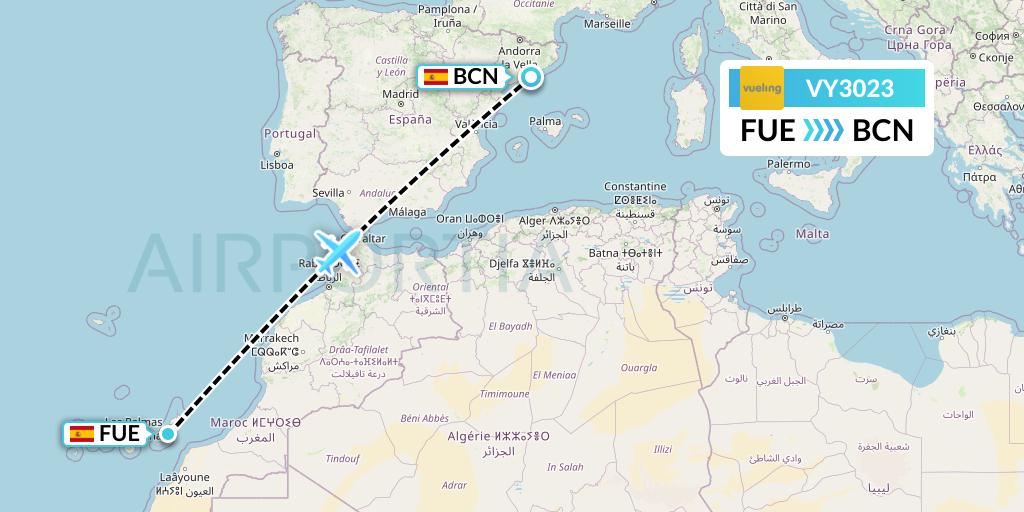 VY3023 Vueling Flight Map: Fuerteventura to Barcelona