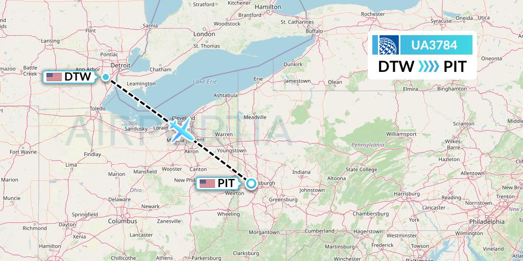 UA3784 United Airlines Flight Map: Detroit to Pittsburgh